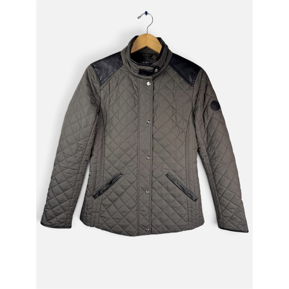 Lauren Ralph Lauren Quilted Equestrian Jacket Faux Leather Trim Green Small